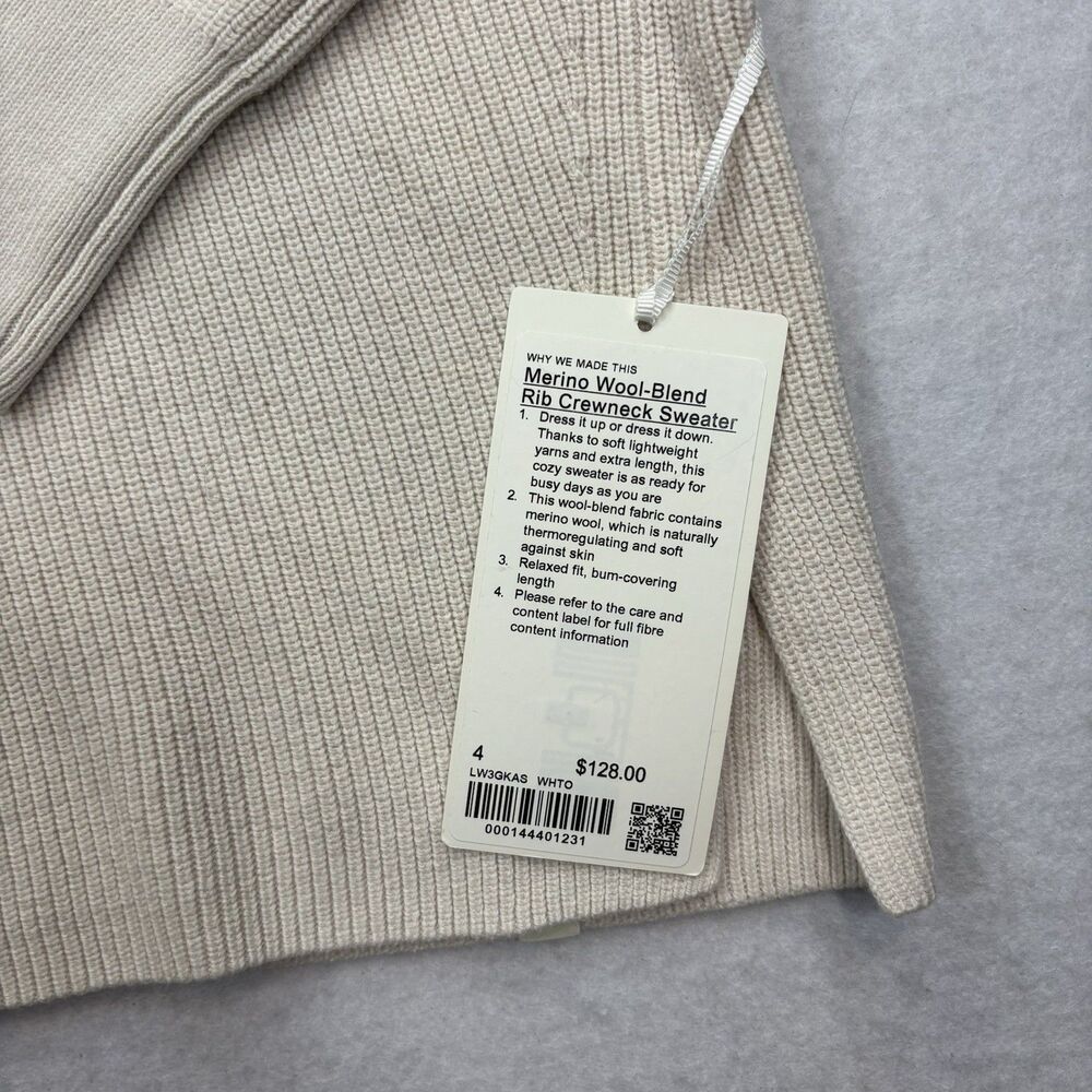 Lululemon NWT Merino Wool Blend Rib Crewneck Sweater Side Split Cream Size 4 - Picture 8 of 14
